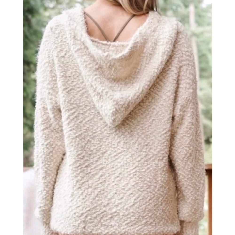 POL Cream Hooded Textured Boucle Sweater Cardigan Large Slouchy Boho Lounge - Picture 2 of 6